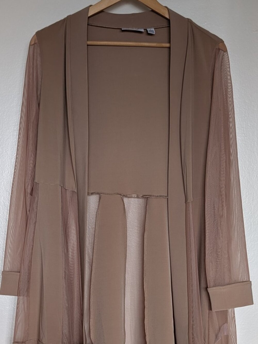 Nina Leonard Beige Open-front Sheer Mesh Panels Cardigan-Size S
